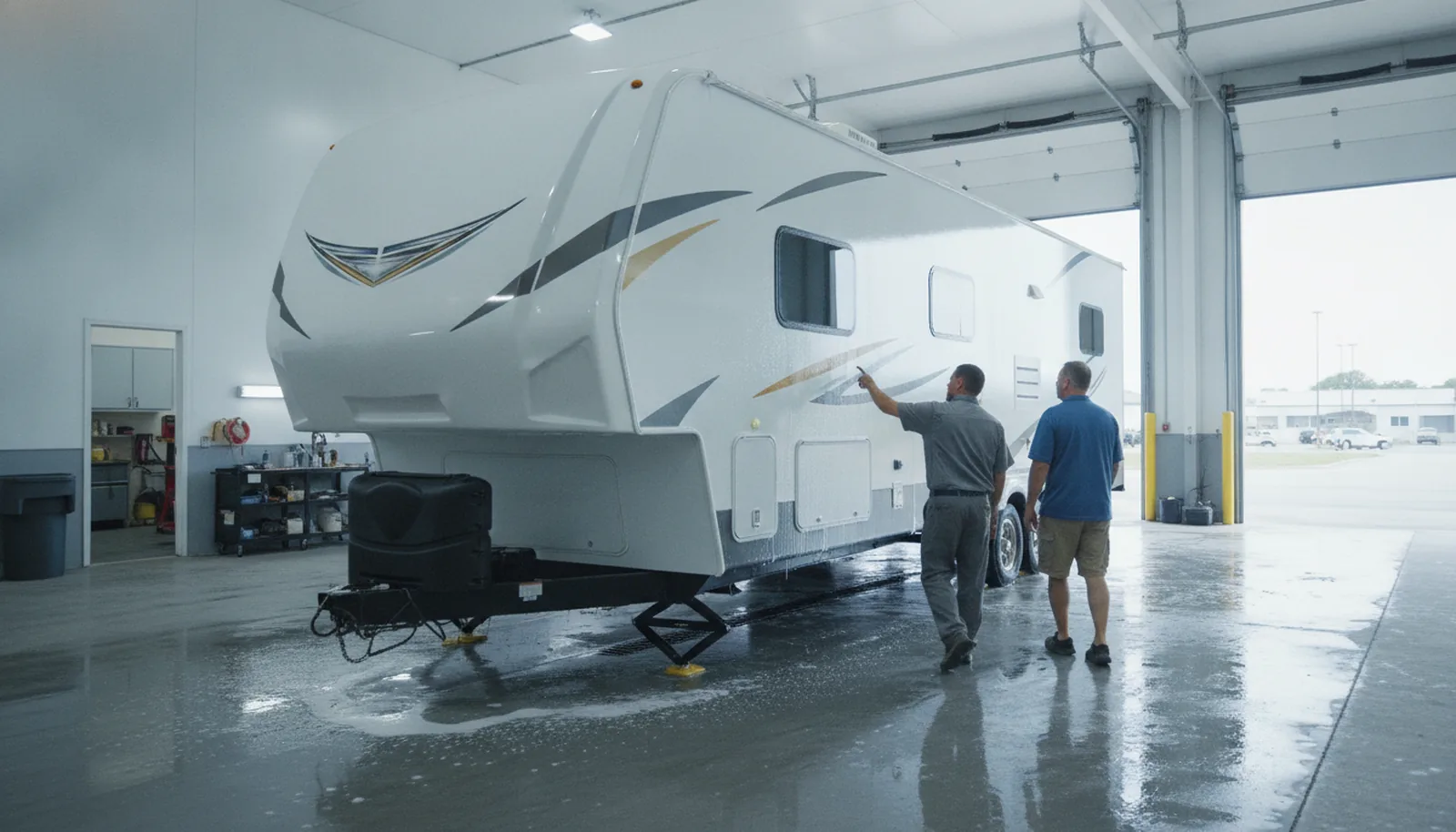Detailer and customer inspecting a white travel trailer in a shop lot, discussing best RV detailing services.