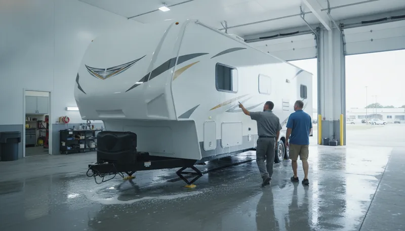 Detailer and customer inspecting a white travel trailer in a shop lot, discussing best RV detailing services.