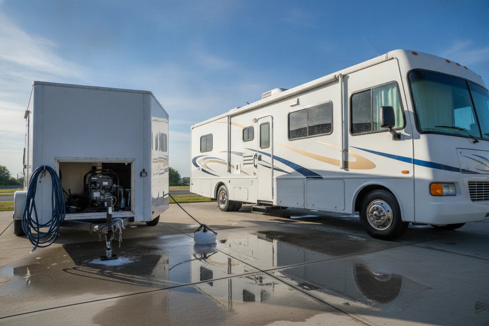 Mobile detailing trailer parked beside a white motorhome in a driveway for best RV detailing.