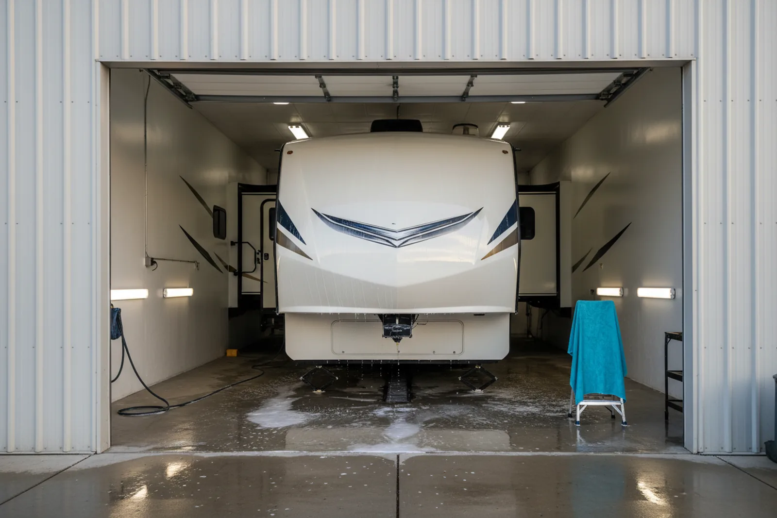 Travel trailer inside a detail bay with open roll-up door, ready for best RV detailing.