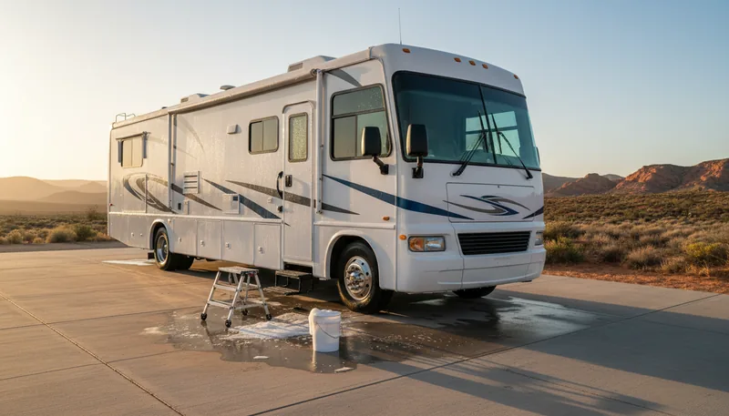 White Class A motorhome in a desert driveway at dawn with red rock hills behind it, a step platform and bucket nearby, showing a typical setup for detailing an RV.