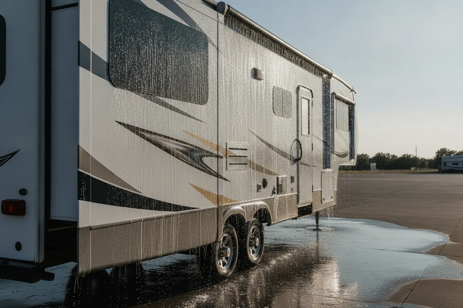 Water from a spot-free rinse flows over the dark windows of a white fifth wheel RV parked in open shade, part of detailing an RV to prevent water spots.