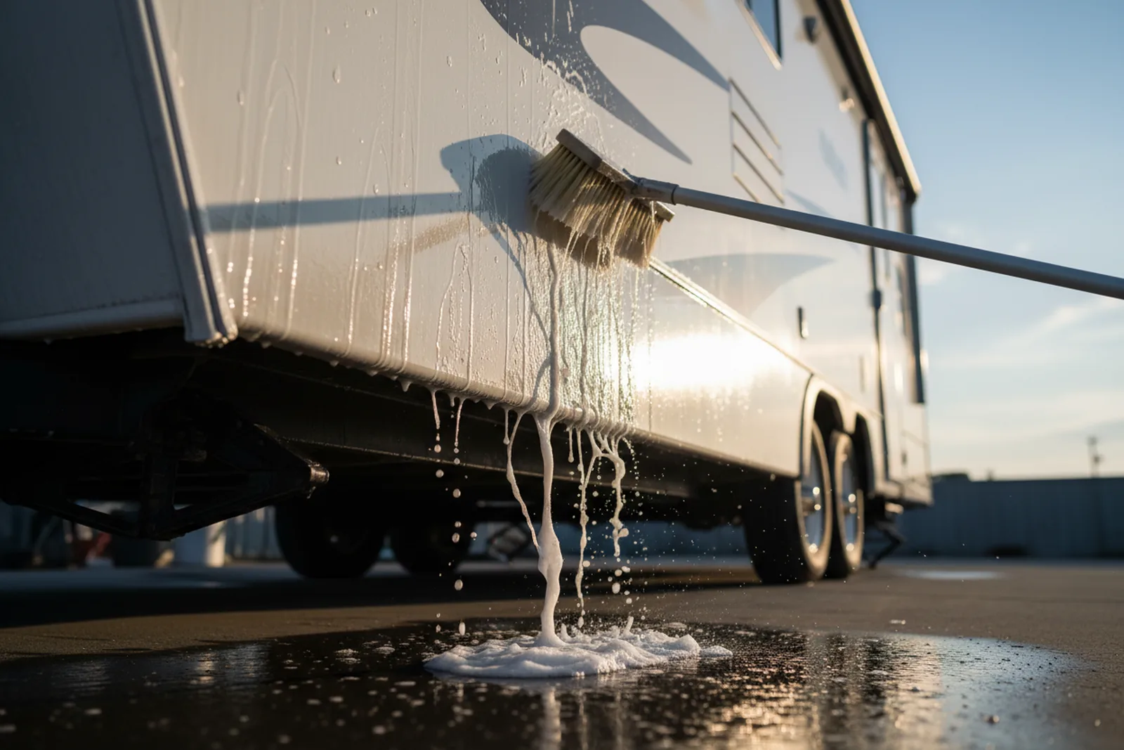 Soft long-handled brush leaning against a wet white travel trailer sidewall with suds sliding down in the sun, a common step when detailing an RV.
