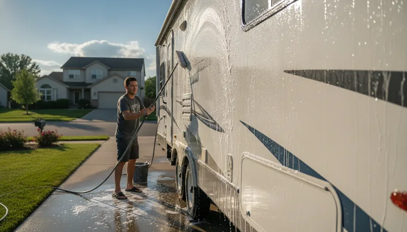 Person washing a white travel trailer with a long-handled brush and soapy water in a sunny driveway, demonstrating how to wash an RV without damaging decals or seals.