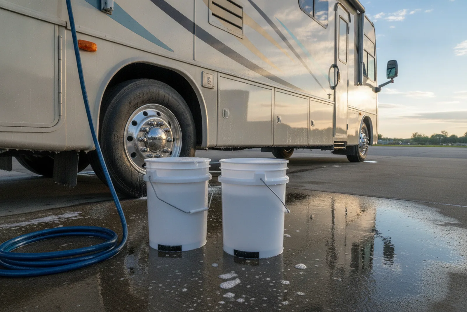 Two buckets with grit guards and a hose on wet concrete next to an RV in morning light, part of the two-bucket method for washing an RV.