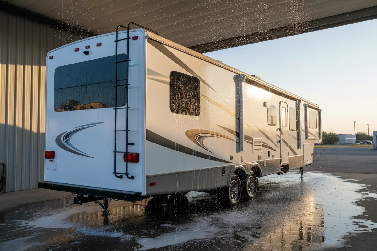 Spot-free rinse water flowing over dark windows of a white fifth wheel in open shade, preventing water spots after washing an RV.