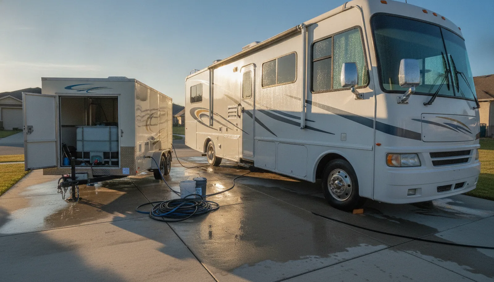 Mobile detailing trailer with water tank and coiled hoses parked beside a white Class A motorhome in a sunny driveway, showing a typical mobile RV detailing setup.
