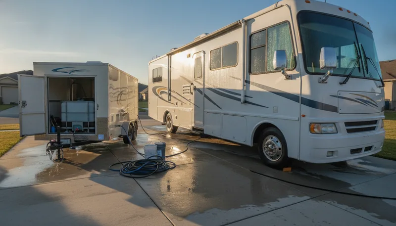 Mobile detailing trailer with water tank and coiled hoses parked beside a white Class A motorhome in a sunny driveway, showing a typical mobile RV detailing setup.