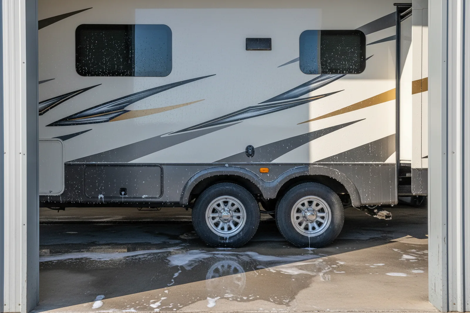 Travel trailer inside a detail bay with tall roll-up door open, even lighting for RV detailing.