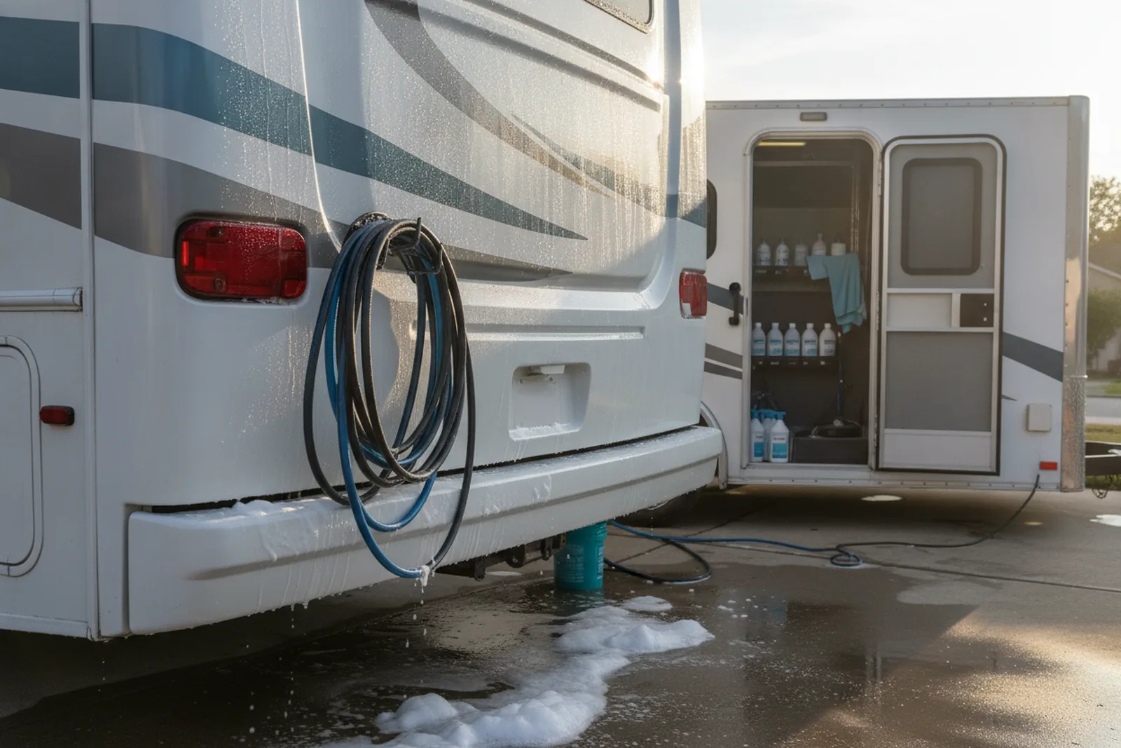 Mobile detailing trailer with hoses parked behind a white motorhome in a driveway, ready for mobile RV detailing.