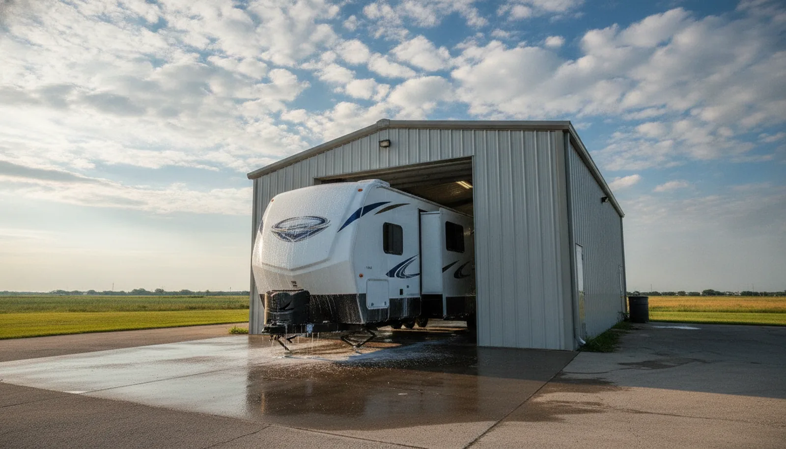 Travel trailer backing into a tall open bay of an RV detailing shop under a bright Kansas sky with clouds, illustrating an RV detailing business.