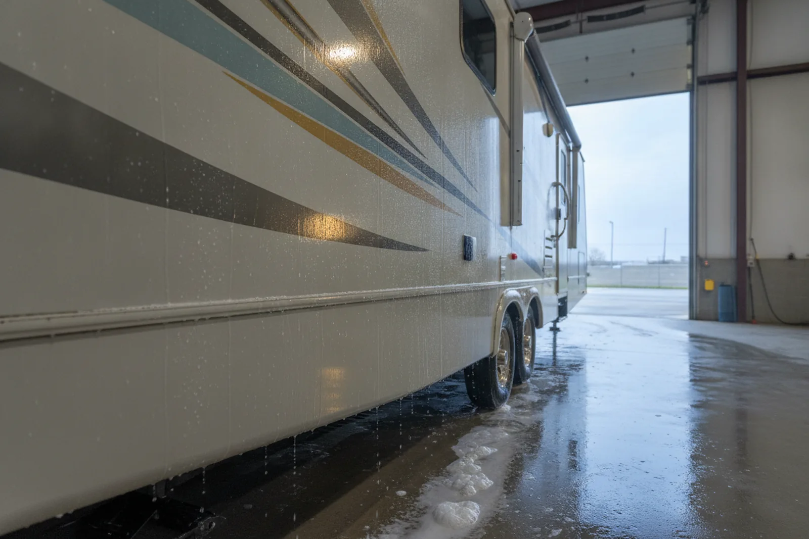 Travel trailer parked inside a detail bay with tall roll-up door and even lighting, typical of an RV detailing business.