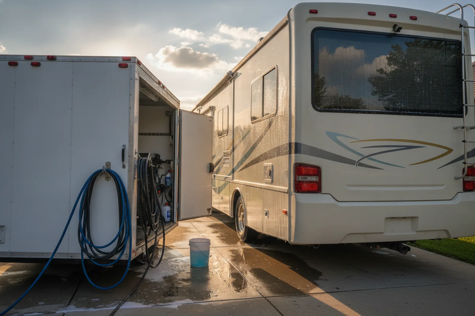 Mobile detailing trailer with hoses beside a white motorhome in a driveway, representing mobile RV detailing business.