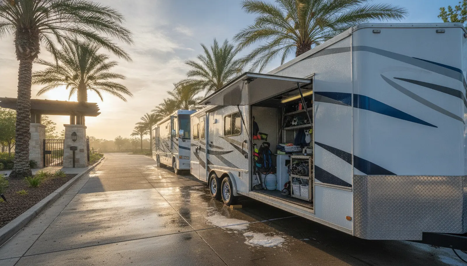 Mobile detailing trailer at an RV resort entrance with palms and a white motorhome in background, illustrating the need for RV detailing insurance.