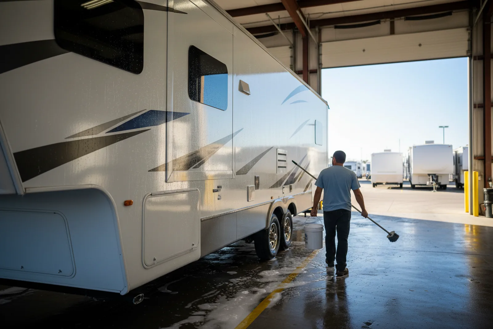 Detailer walking around a fifth wheel in a shop lot, emphasizing the importance of RV detailing insurance for mobile professionals.