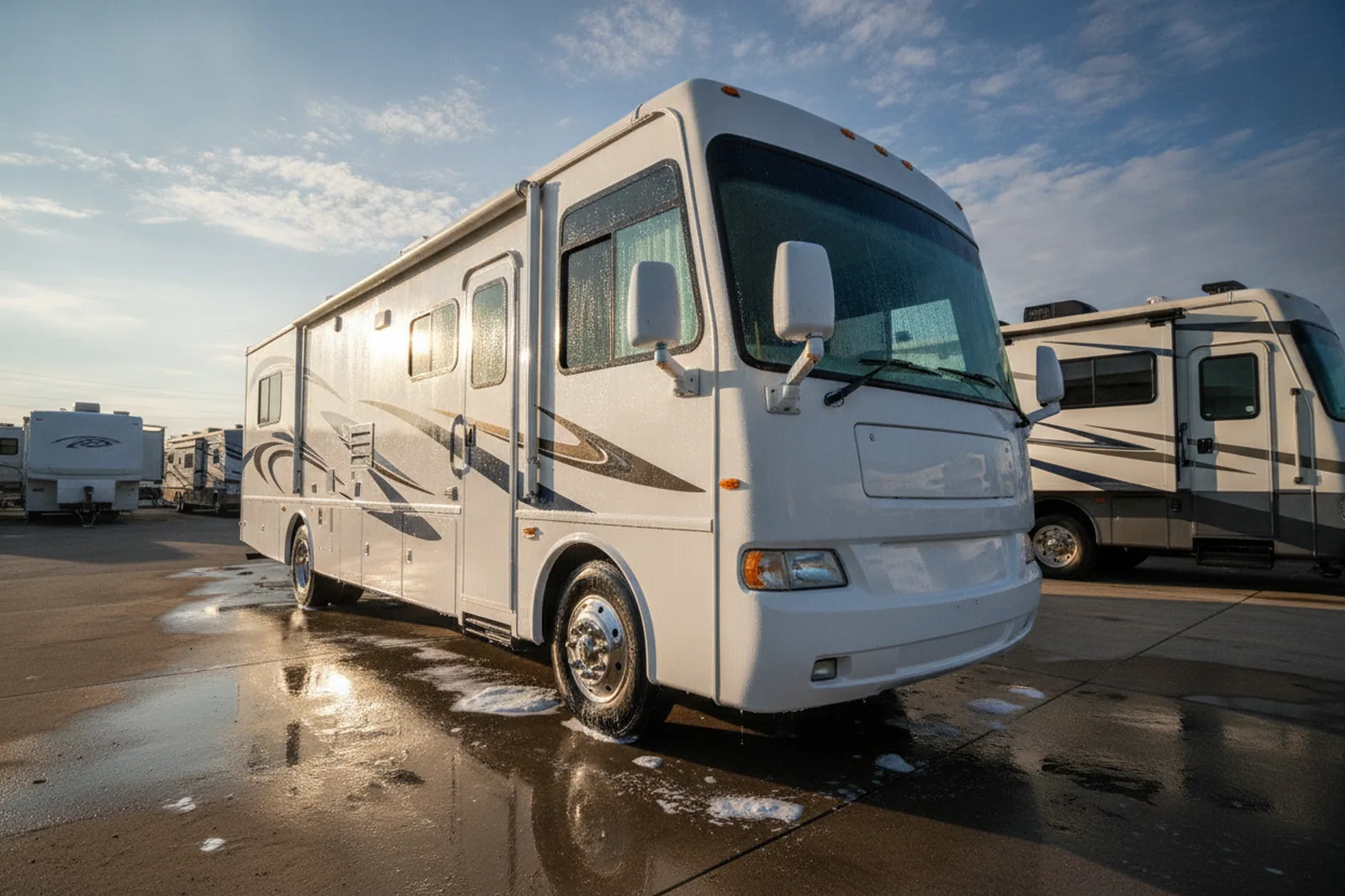 White Class A motorhome gleaming in a storage lot after detailing, showing the result of proper RV detailing insurance coverage and service.