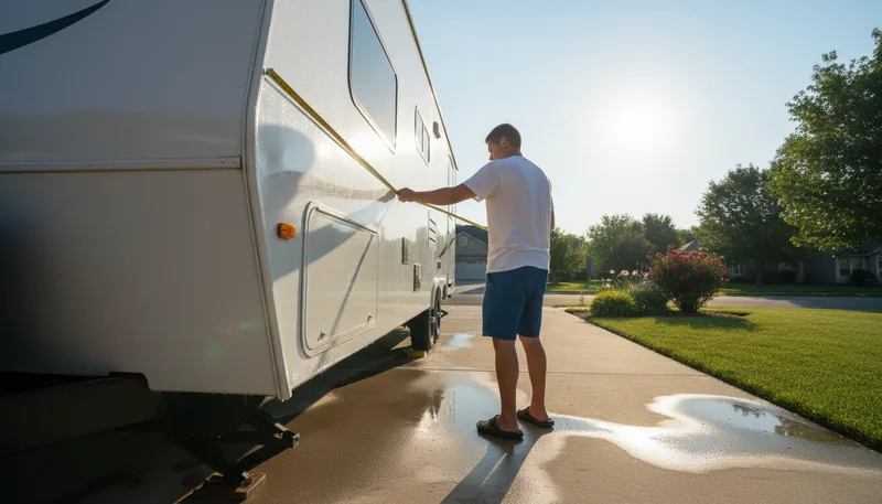 Detailer measuring a white travel trailer with a tape measure on a sunny driveway, illustrating how RV detailing prices per foot are determined by length.