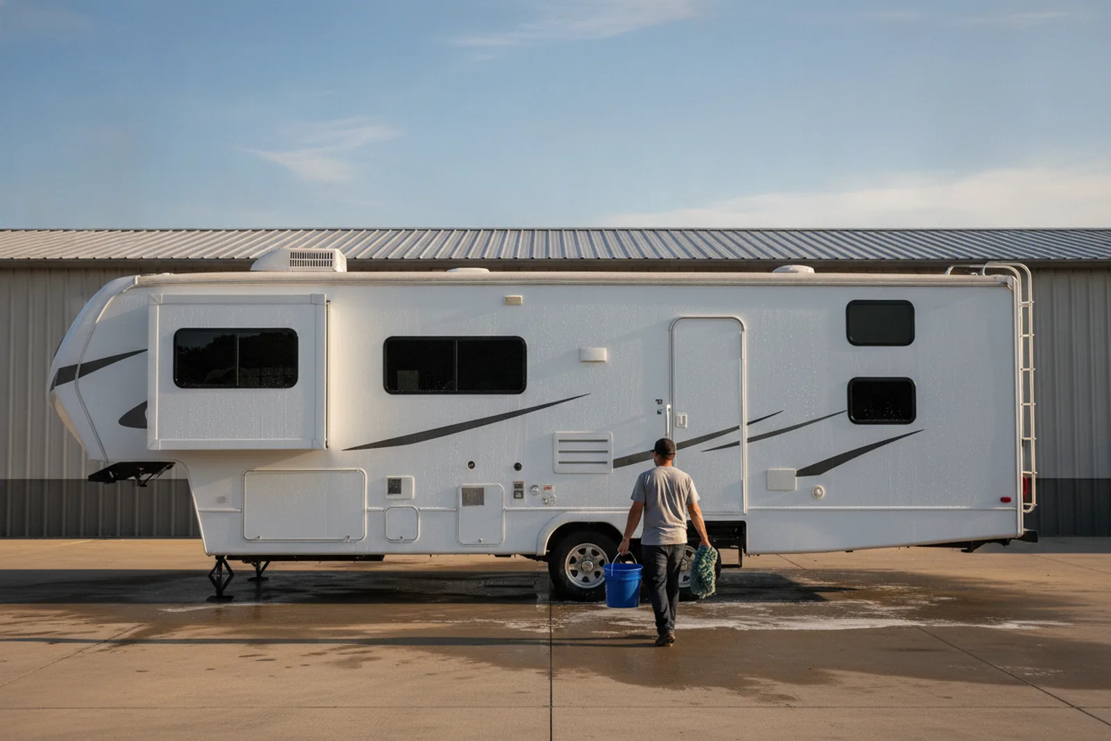 Detailer walking around a fifth wheel in a shop lot, preparing to wash it as part of an RV detailing price per foot service.