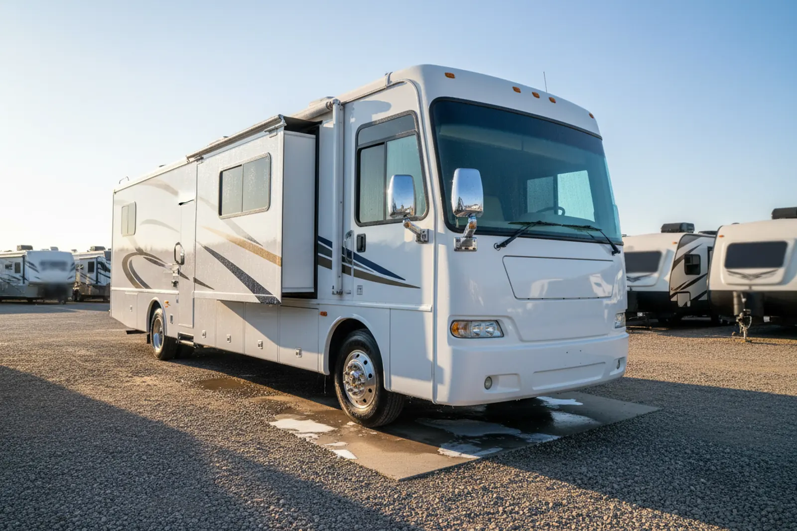 White Class A motorhome gleaming in a storage lot after a detail, an example of what RV detailing prices per foot can deliver.