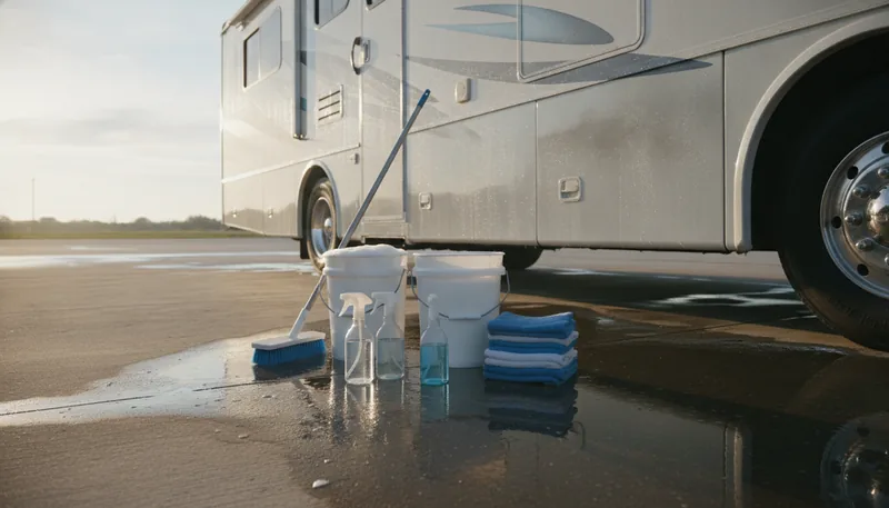 Two buckets, a long-handled soft brush, folded microfiber towels and plain spray bottles arranged on wet concrete beside an RV, showing basic RV detailing supplies.