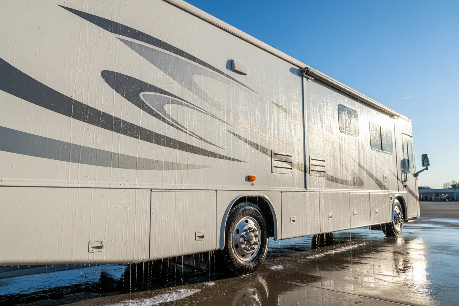 Water sheeting off a white motorhome sidewall after rinsing, demonstrating the use of RV detailing supplies for a spot-free finish.