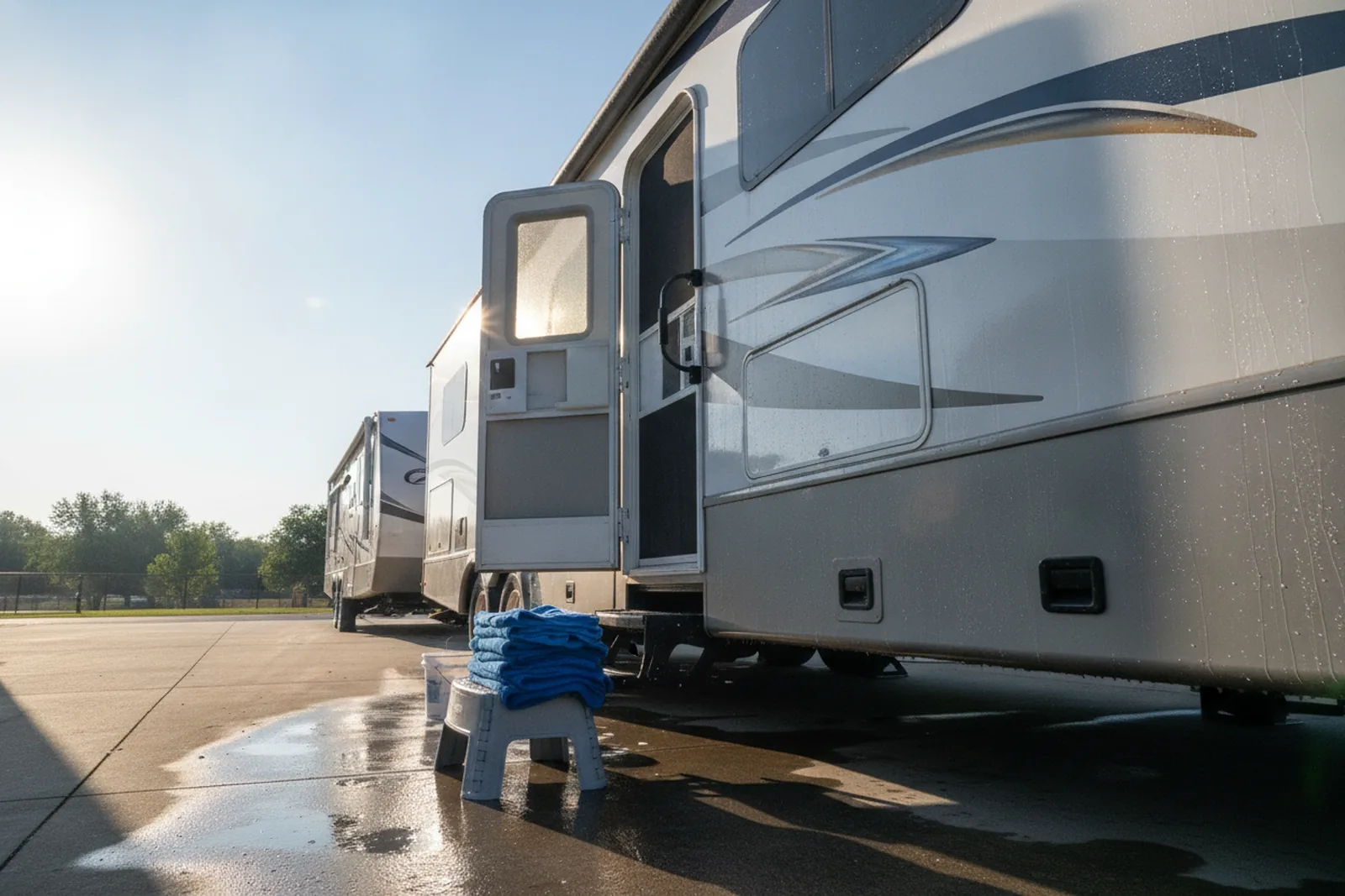 Folded blue microfiber drying towels stacked on a step stool beside a clean RV entry door, part of a picked set of RV detailing supplies.