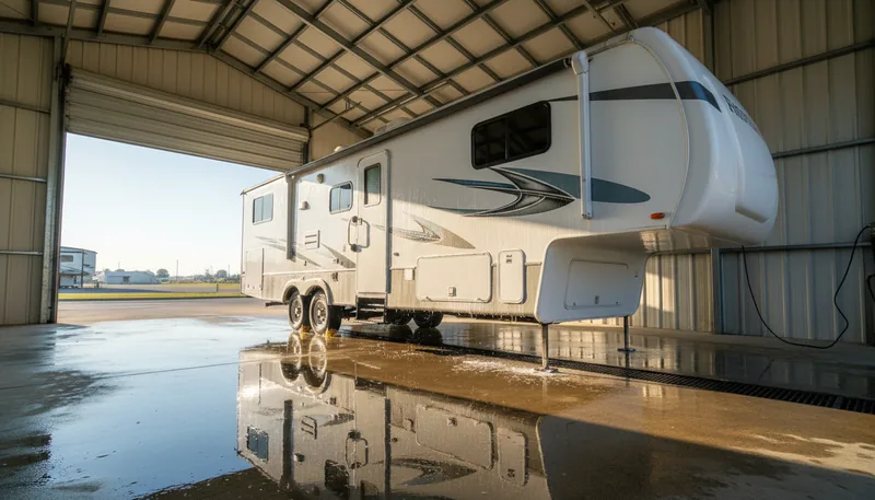 A white fifth wheel RV inside a covered wash bay with a tall open roll-up door, wet floor reflecting light, suds on lower sidewall, showing a professional RV detailing setting.