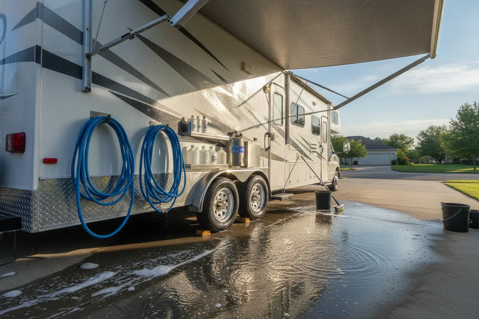 A mobile detailing trailer with coiled hoses parked beside a white motorhome in a driveway, showing RV detailing equipment setup.