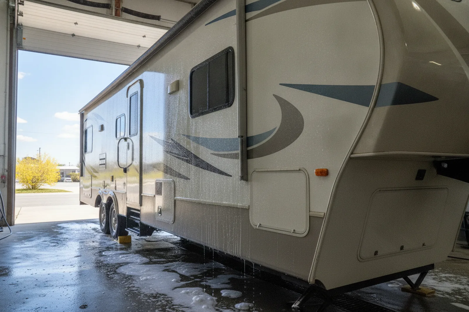 A travel trailer inside a detail bay with a tall open roll-up door, even lighting, showing an indoor RV detailing facility.
