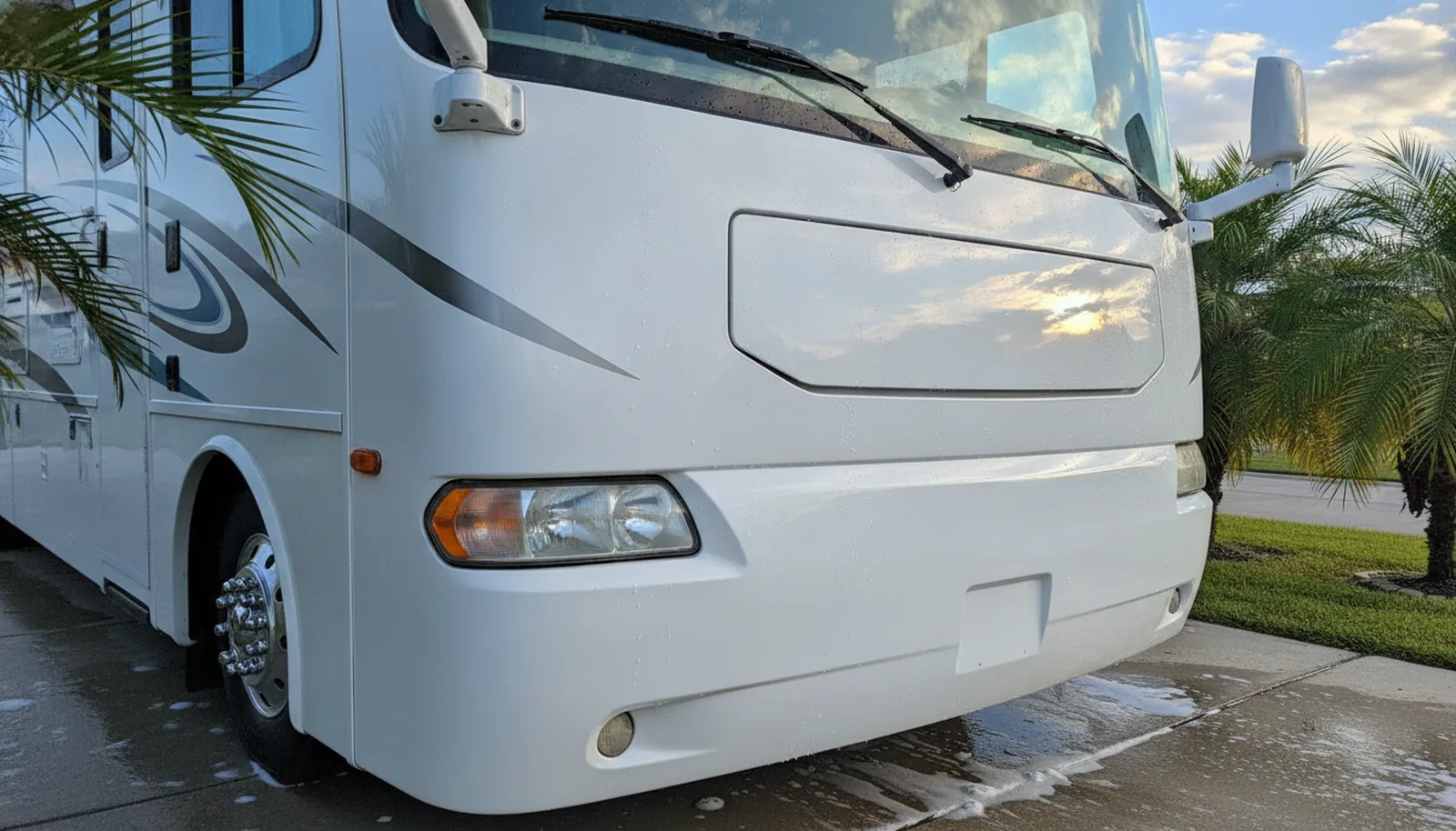 Glossy white motorhome front cap reflecting blue sky with water beads, palm fronds at edge, showing RV exterior detailing results.