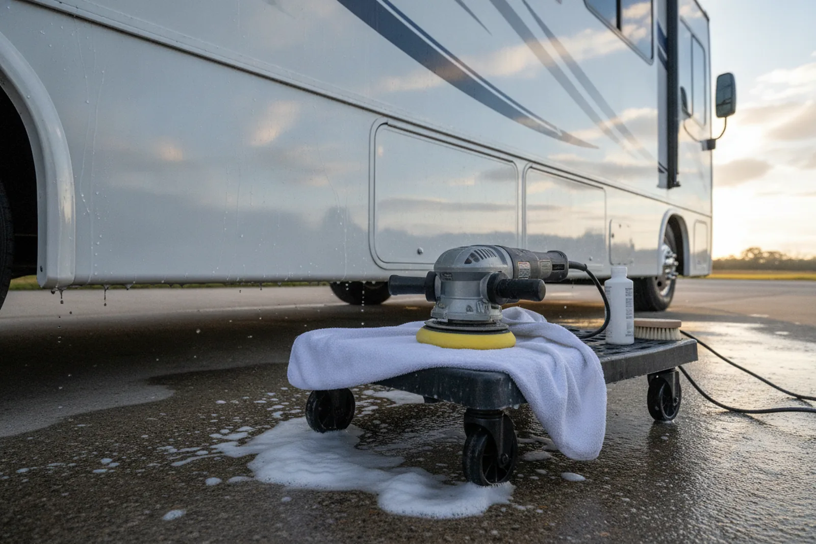 Dual-action polisher with foam pad on towel on rolling platform beside glossy RV sidewall, used in RV exterior detailing.