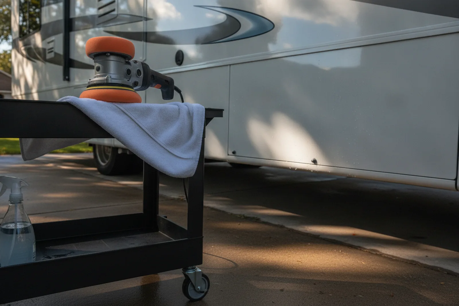 Dual-action polisher with foam pad resting on a towel on a rolling platform next to a glossy RV sidewall, ready for RV fiberglass detailing.