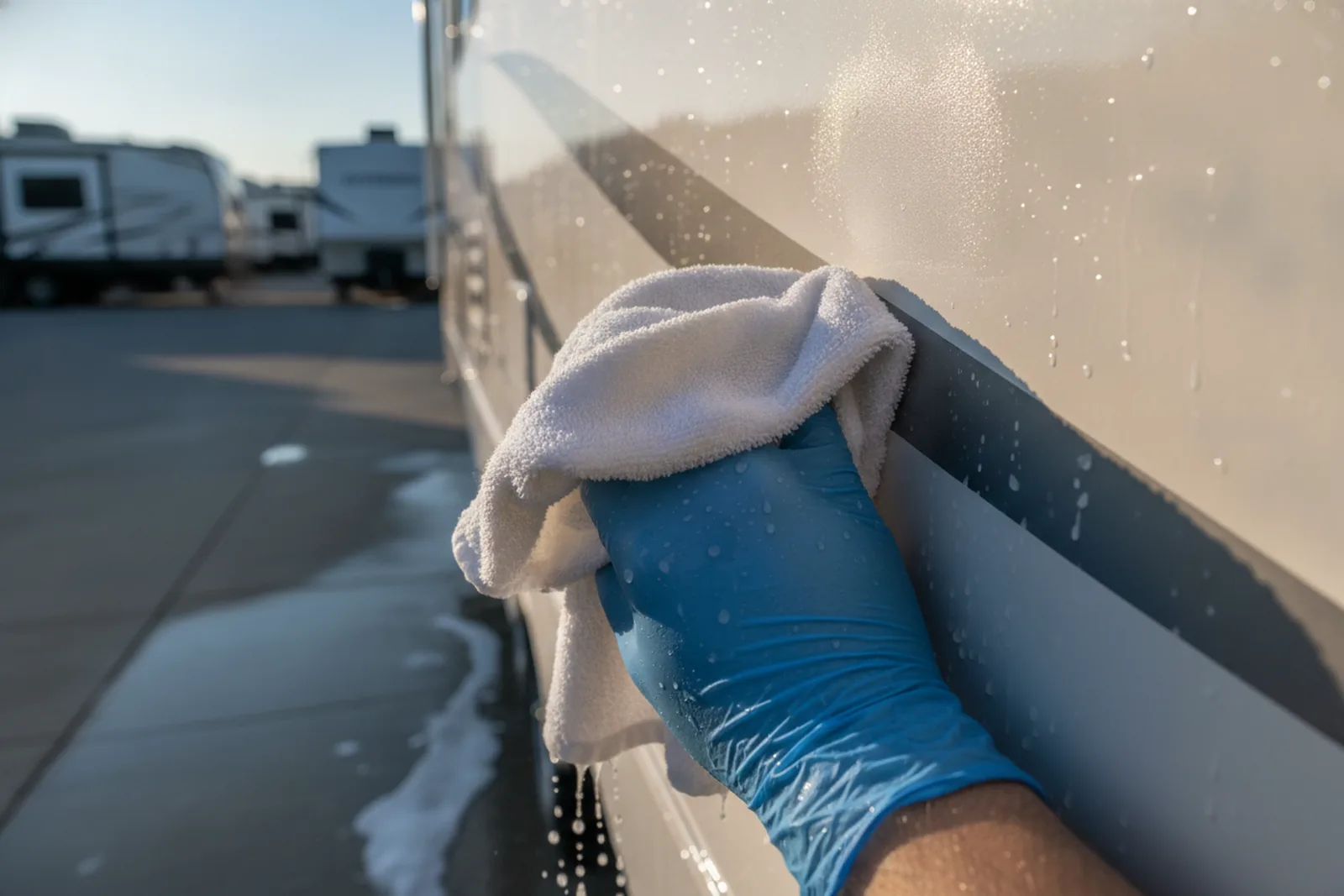 White towel with faint chalky smudge held against a dull oxidized RV sidewall during RV fiberglass detailing inspection.