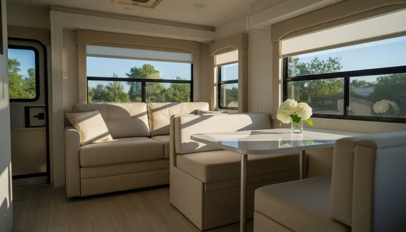 Bright, clean RV living area with freshly cleaned fabric sofa, wiped dinette table, and open window shades, showing the result of thorough RV interior detailing.