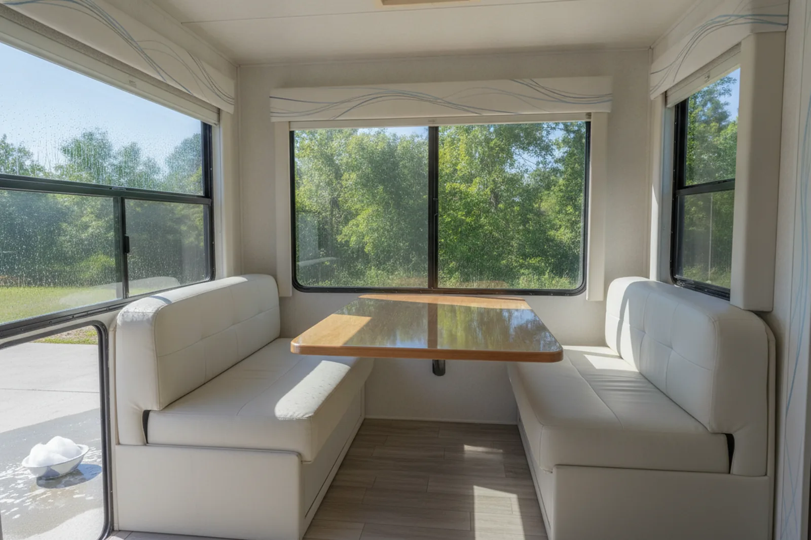 Clean RV dinette with wiped table and cushions, window shades raised, after RV interior detailing.
